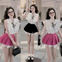 Set áo cổ sơ mi tay cộc phối bèo nơ chất cotton lạnh kèm chân váy ngắn xếp ly 2 tầng chất kaki (có lót) siêu cute