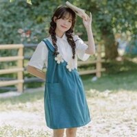 Set áo cổ sơ mi & váy yếm đính hoa