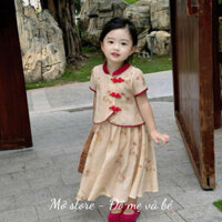 Set áo cổ tàu họa tiết hoa sen cách tân cho bé gái mặc trung thu TẾT kèm chân váy dài 10-30kg ảnh thật