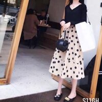 Sét áo cổ tim + chân váy xoè chấm bi