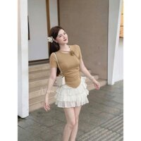 Set áo cổ tròn kết bông tay ngắn xéo tà và chân váy ngắn tầng xếp bèo 29087