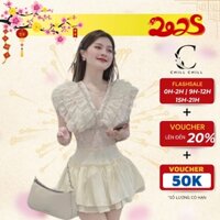 Set áo cổ V bèo đính đá bo eo phối chân váy nhún tầng sang chảnh Chill Chill Store
