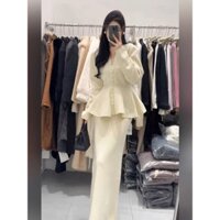 Set áo cổ V phối bèo xòe kèm chân váy dáng dài YIMI Set váy nữ Quảng Châu