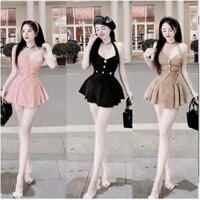 Set áo cổ yếm + chân váy xòe xếp ly