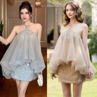 Set Áo Cổ Yếm Dáng Thụng Kèm Chân Váy Đính Đá MELLYSTORE Đầm Bánh Bèo Chất Vải Tơ Cao Cấp 3 Màu Đẹp Quyến Rũ ,Sang Trọng