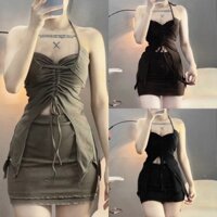 SET ÁO CỔ YẾM DÂY RÚT NGỰC XẺ TÀ DÀI PHỐI CHÂN VÁY ÔM BODY