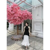 SET ÁO CỔ YẾM ĐEN TÀ LỆCH + CHÂN VÁY DẬP LI ĐUÔI CÁ TRẮNG̣̣