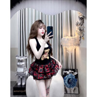 Set Áo Cổ Yếm In Gấu Chân Váy Kẻ Sọc , Dễ Thương xỉu - ẢNH THẬT LUÔN Ạ