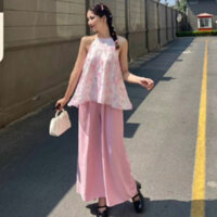 Set áo cổ yếm kèm quần ống suông cực dễ thương phong cách tiểu thư nữ tính dễ thương cho nữ đi chơi dự tiệc TT