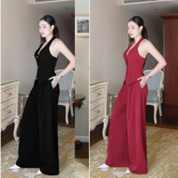Sét áo cổ yếm phối nút hoa hồng, Quần ống rộng dáng suông chiết eo tôn dáng Hb.closet S255