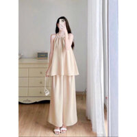 Set áo cổ yếm quần dài màu be