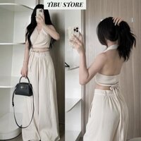 Set Áo Cổ Yếm Quây Cúp Ngực Đan Dây Trước Sau Mix Quần Ống Rộng Set Bộ Nữ Hở Lưng Hai Màu Đen Trắng Thanh Lịch