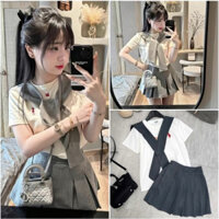 Set áo cộc cổ tròn thêu ngựa + khăn quàng cổ kèm chân váy xếp li dáng ngắn phong cách tiểu thư sang chảnh L1 QCCC