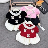 Set áo cọc tay bèo cổ họa tiết thỏ, chân váy xòe phồng dễ thương cho bé gái size 6-16kg