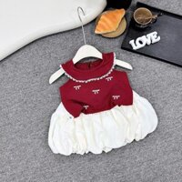 Set áo cọc tay bèo cổ họa tiết thêu nơ, chân váy xòe phồng dễ thương cho bé gái size 6-16kg