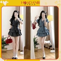 Set áo cộc tay cổ vest phối nơ thủy thủ kèm chân váy phong cách Hàn Quốc siêu xinh Hoadanbistore