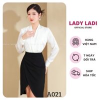 Sét áo công sở cổ leo vai ly kèm chân váy ôm màu đen Ladi Fashion thiết kế thanh lịch, chất vải mềm mịn cao cấp A021