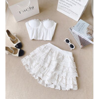 Set áo corest trắng cúp ngực kèm chân váy xoè tầng ảnh thật