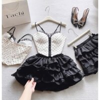 SET ÁO CORSET CROPTOP TRẮNG CHẤM BI ĐEN 2 DÂY REN NGỰC MOCKING CHUN LƯNG + CHÂN VÁY ĐEN TẦNG BÈO XÒE CÓ LÓT QUẦN (TH)