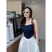 Set áo corset denim và chân váy kaki thô mềm, dáng dài 95cm