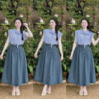 Set áo cột nơ kèm chân váy jean denim dáng dài xoè rộng