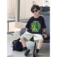 Set áo cotton cộc tay màu đen mix quần kaki in hình MineCraft hàng cao cấp ELAINE | ELN412