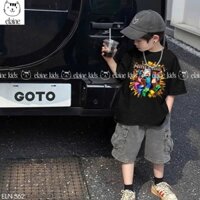 Set áo cotton cộc tay màu đen mix quần kaki túi hộp in hình MineCraft hàng cao cấp ELAINE | ELN362