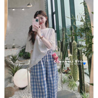 set áo cotton in gấu quần kẻ