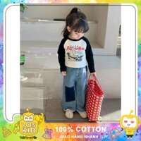 Set áo cotton kết hợp quần bò lưng chun mềm cá tính Hisun cho bé gái size từ 12-40 cân