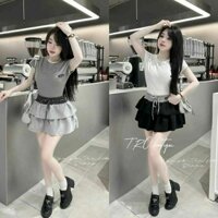 Set Áo Cotton Miu Cổ Viền Ren Phối Chân Váy Xoè 3 Màu Của Nữ