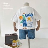 Set áo cotton trắng phối quần Jean ngố bé trai