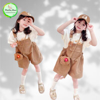Set áo cotton trắng yếm nâu chất kaki đính gấu cho bé gái 12-20kg (2-6 tuổi) mặc mùa hè