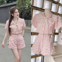 SET Áo crop dạ tweed hồng caro lông vũ phối nơ voan và Quần short ngắn cho nữ NÀNG CLOSET