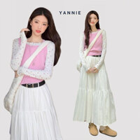 Set áo crop gile hồng + áo thun hoa body + chân váy trắng dáng dài midi Yannie