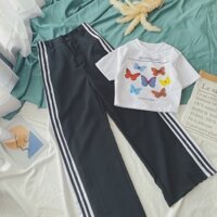 SET ÁO CROP TRẮNG IN BƯỚM + QUẦN VIỀN 3 SỌC THỂ THAO SUÔNG ❤️