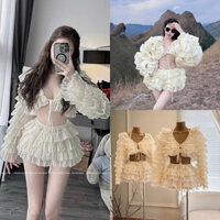 Set áo crop voan tầng bèo + chân váy tầng