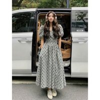 SET ÁO CROPTOP CARO NHÍ CHÉO NGỰC TAY PHỒNG CHẤM BI ĐEN THẮT NƠ SAU LƯNG + CHÂN VÁY MIDI ĐẮP EO (TH)
