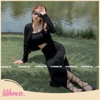 Set Áo Croptop + Chân Váy Bút Chì Xẻ Tà Phối Blazer Nữ Tay Dài - Set Váy Nữ Sang Trọng, Quyến Rũ | BODYCOTTON