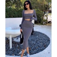 Set áo croptop chân váy dài ôm body quyến rũ (sẵn tím)