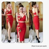 Sét áo croptop chân váy xẻ tà thêu hoa