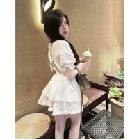Set Áo Croptop & Chân váy xoè 2 tầng váy trắng tiểu thư đan dây lưng 🔥chất sơ mi thô🔥 Tay Bồng Viền Ren Phối Nơ dạo ph