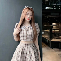 Set Áo croptop & chân váy xoè cổ bèo sen tay bồng đính nút dọc sọc caro ren nâu công sở áo sơ mi đẹp rẻ
