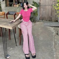 Set áo croptop cổ trụ và quần dài ống rộng kẻ sọc 26538