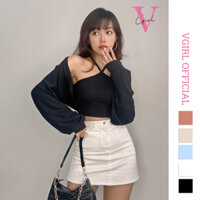 Set áo croptop cổ yếm VGIRL kèm áo khoác cardigan tay bồng khoác lửng chất len mềm [ẢNH ĐỘC QUYỀN]