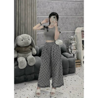 Set áo croptop đính nơ + quần ống xuông chấm bi siêu xinhhh