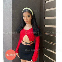 Set áo croptop đỏ tay dài và chân váy đen có dây ôm body siêu tôn dáng