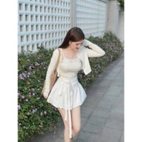 SET ÁO CROPTOP GÂN ĐŨA TRẮNG 2 DÂY REN NƠ NGỰC + ÁO KHOÁC CROPTOP TAY DÀI VIỀN REN CỔ + CHÂN VÁY BÍ PHỒNG THẮT NƠ (TH)