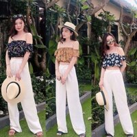 Set áo Croptop hoa và quần trắng ống rộng