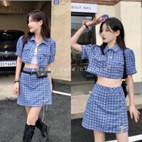Set áo croptop khuy cài và chân váy chữ A dây rút hoạ tiết màu xanh SẴN