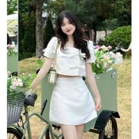 Set áo croptop nơ cài lệch kèm chân váy chữ A ngắn lưng cao chất tafta trắng, Sét đồ nữ tiểu thư dự tiệc hàn quốc, EYE